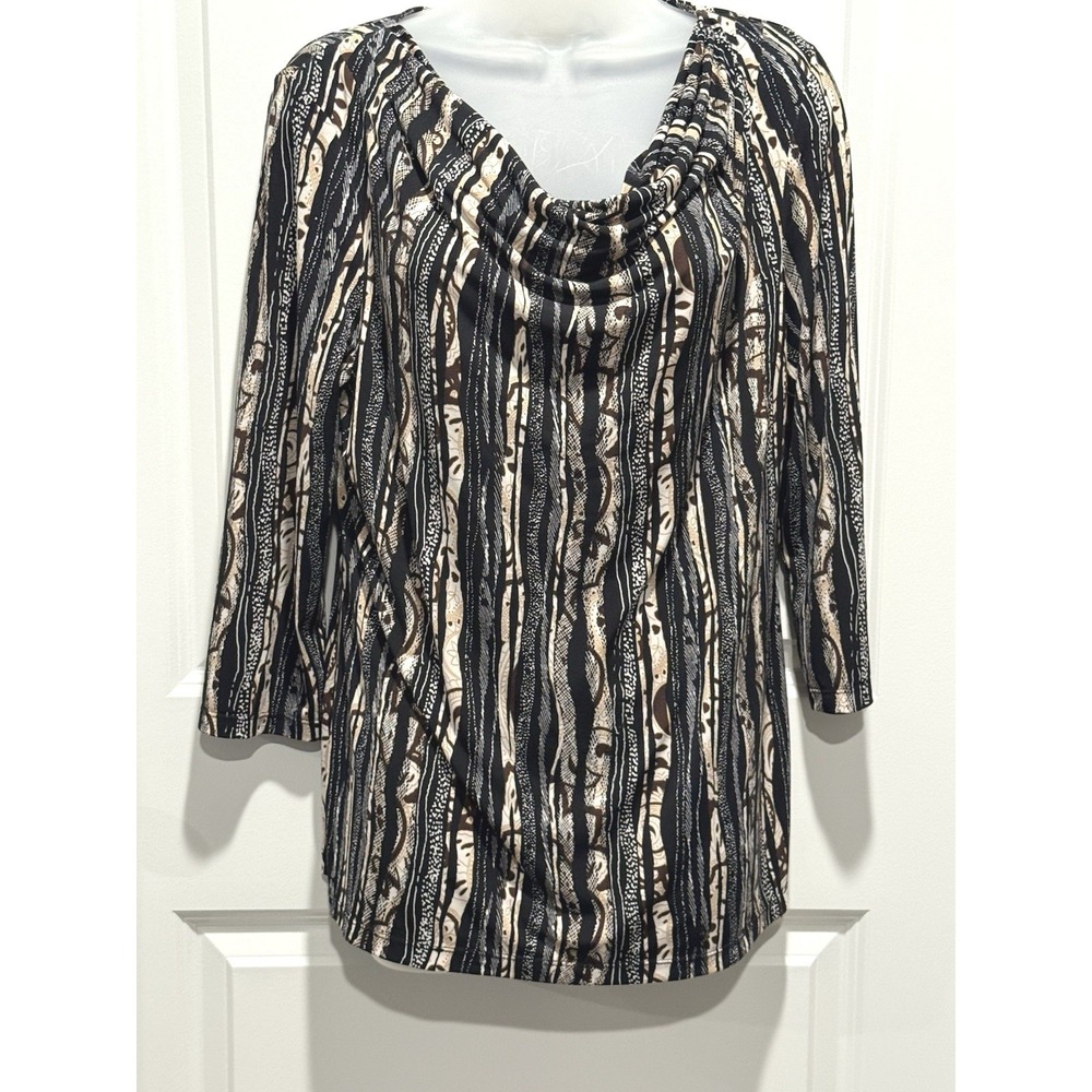 Laura Ashley Black White Lagenlook Tunic Medium 3/4 Sleeve Beige Striped Office